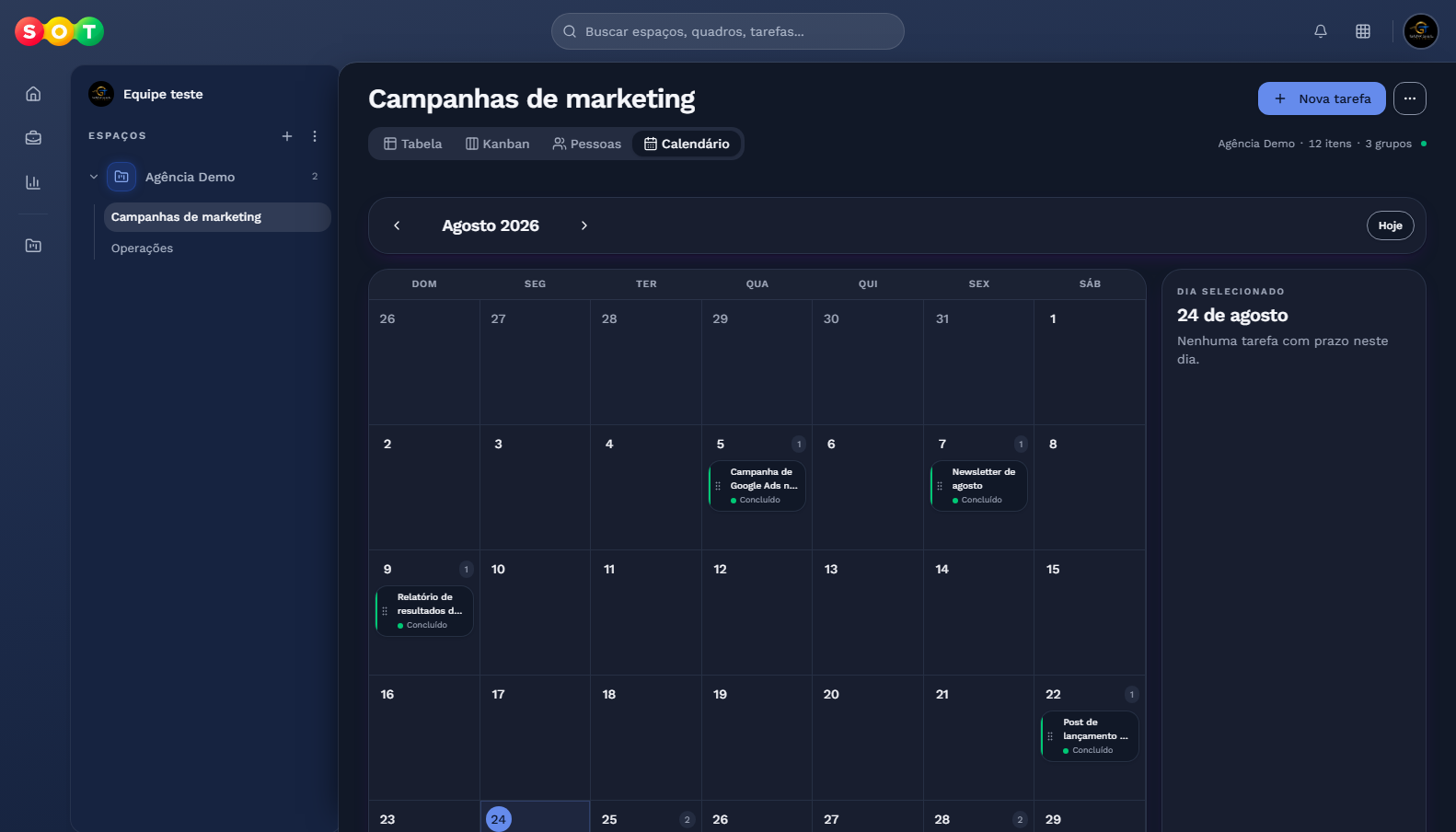 Calendário mensal do quadro com tarefas marcadas nos dias de prazo.